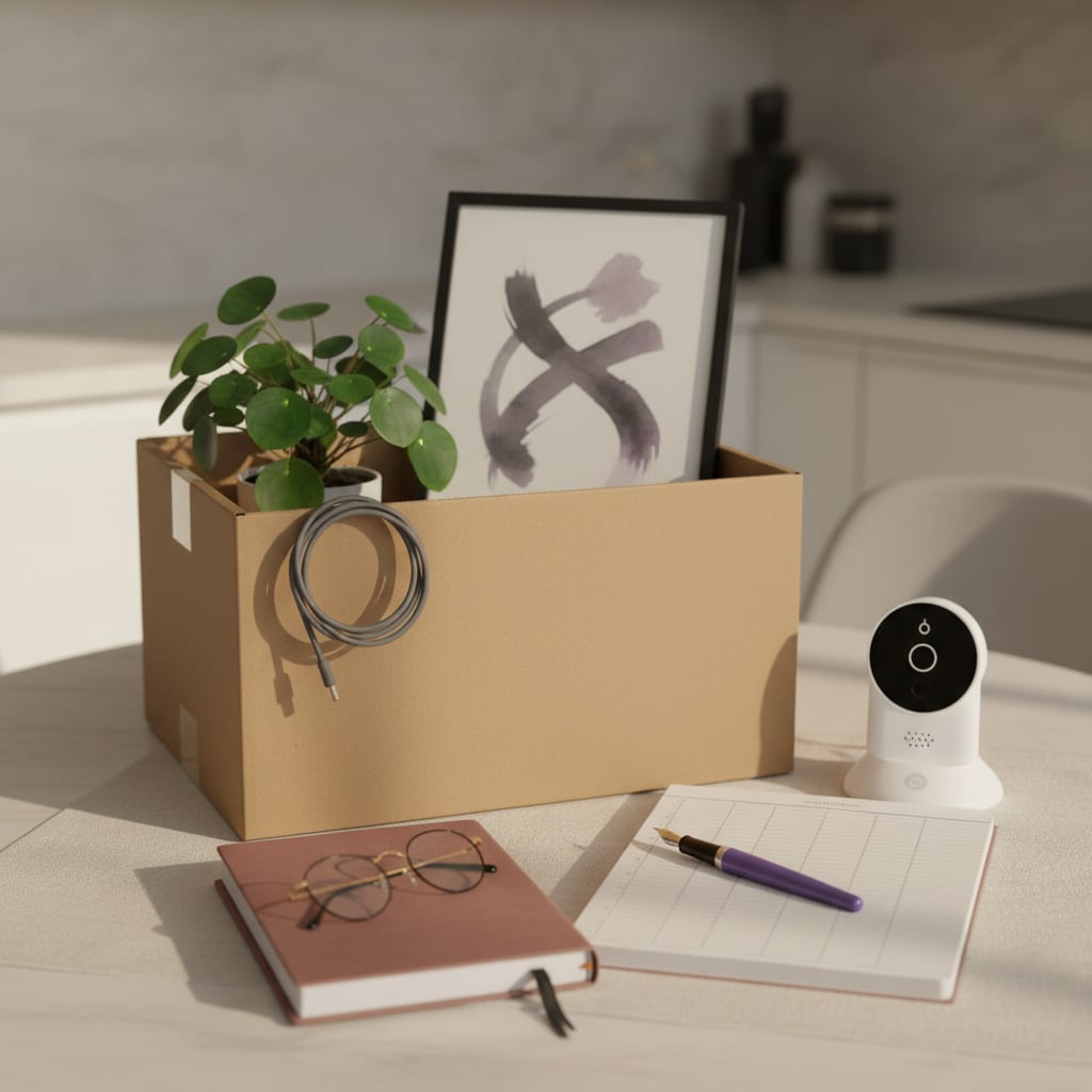 Erin Kowalski's desk with a budget worksheet, calculator and a half-packed office box